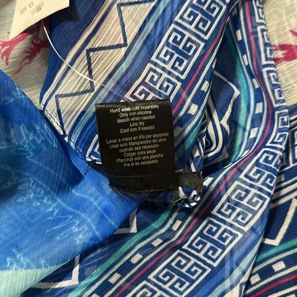 kensie Blue Pink Green White Sheer Square Patch Tropical Print Square Scarf Wrap - Picture 9 of 10